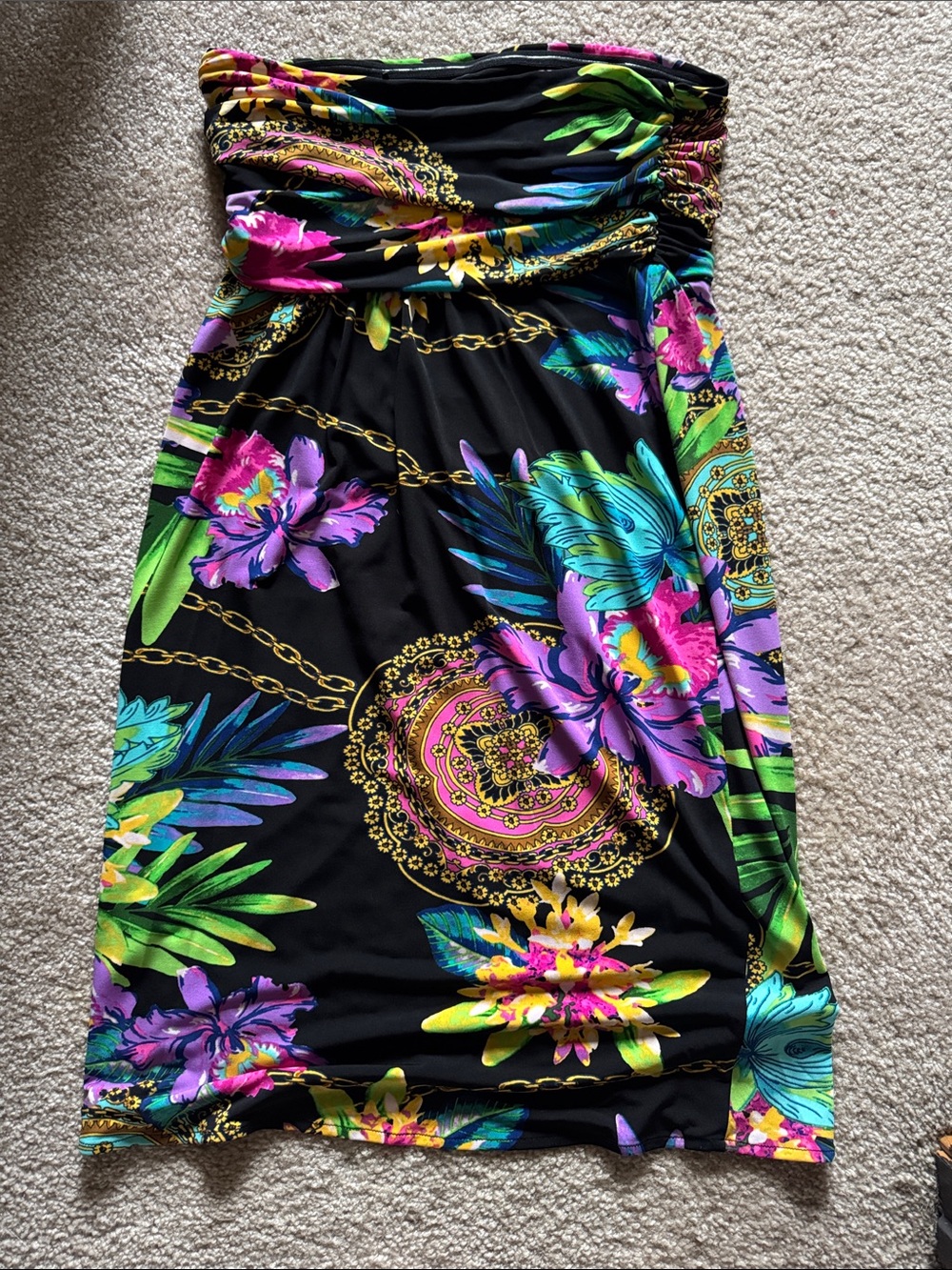 Jennifer Lopez Black Strapless Floral Sundress with Bright Accents